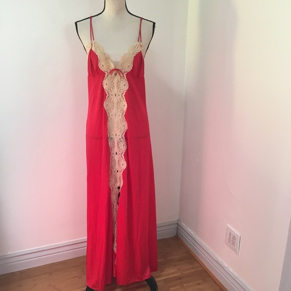 Other - Vintage 1970s Red Nylon Slip Dress With Beige Lace